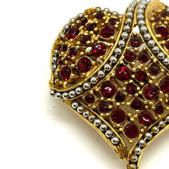 Vintage Gold-Tone Rhinestone Heart Brooch Matching Clip-On Earrings Robert Rose - Picture 5 of 16